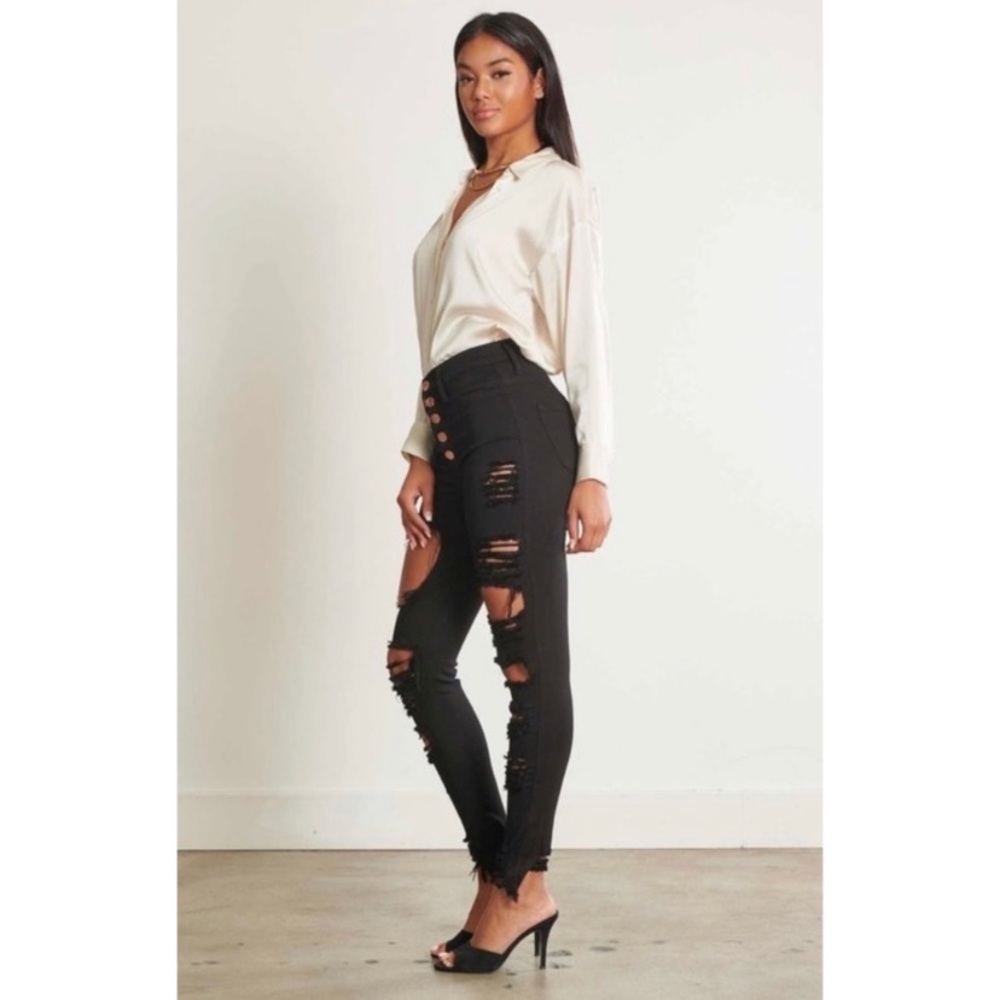 Black Rose Gold Button Up Distressed Skinny Jeans - Picture 2 of 8